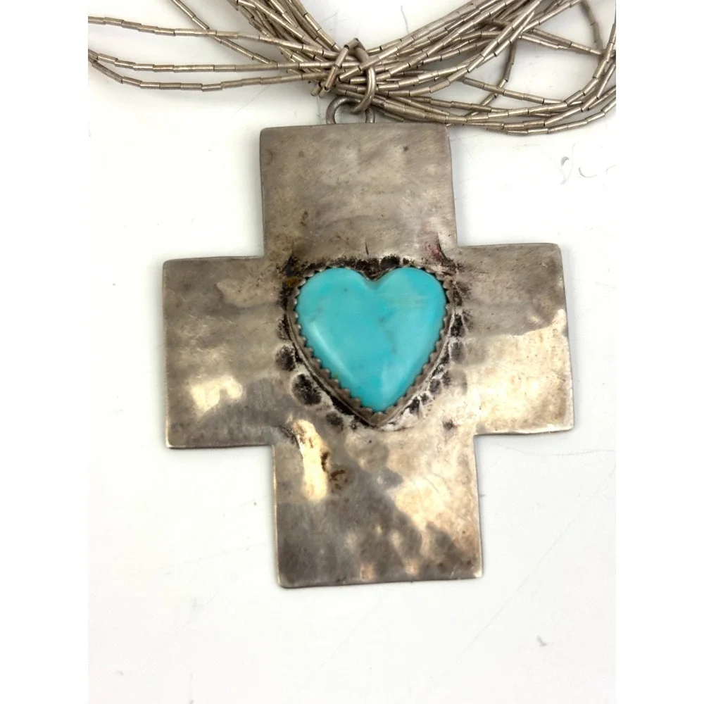 Vintage Sterling Liquid Silver Heishi Bead Necklace Turquoise Heart Cross‎ 32g